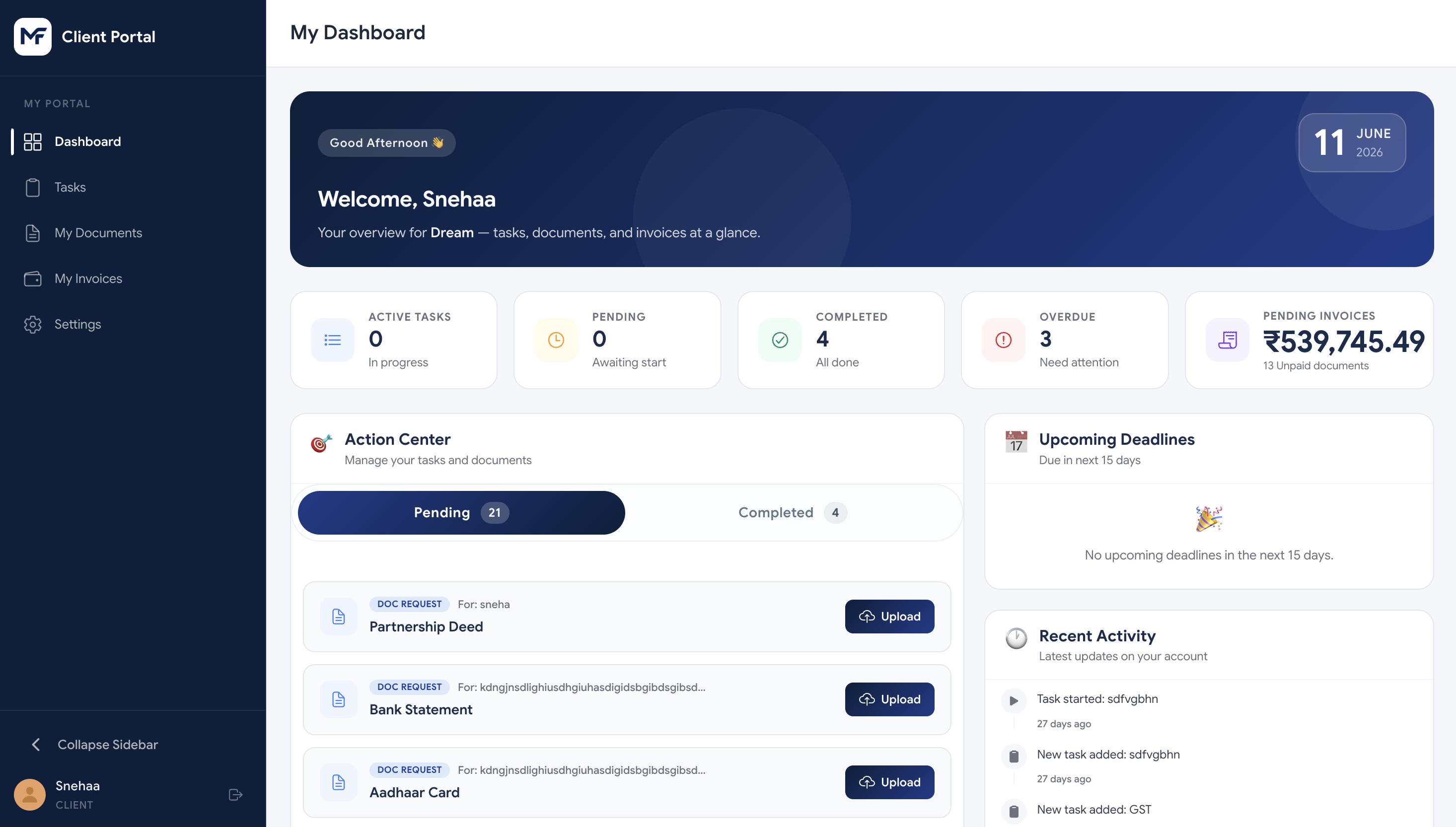 ManageFirm client portal dashboard with tasks and documents