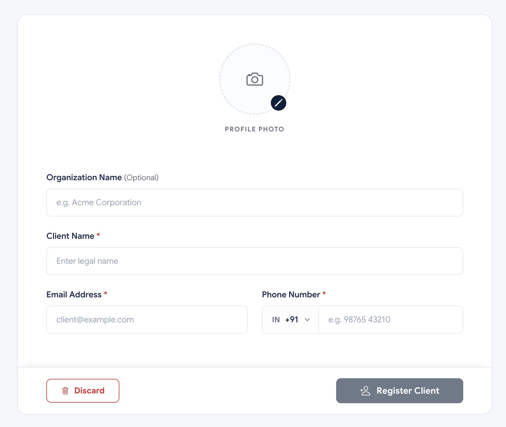 ManageFirm client registration screen with profile photo, contact fields, and register client action